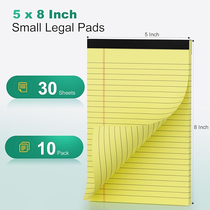 10 Pack Yellow Legal Pads 5x8 Small Note Pads, Writing Pads for Work, College Ruled Perforated Memo Pad, Desk Notepad with Study Backboard, 30 Sheets Per Pad, 5x8 Legal Pad for Office/School/Home