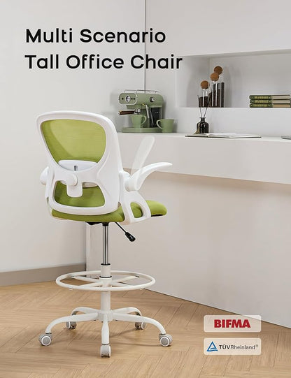 Drafting Chair Tall Office Chair with Flip-up Armrests Ergonomic Computer Standing Desk Chair with Comfy Lumbar Support and Adjustable Footrest Ring for Bar Height Desk(White-Green)