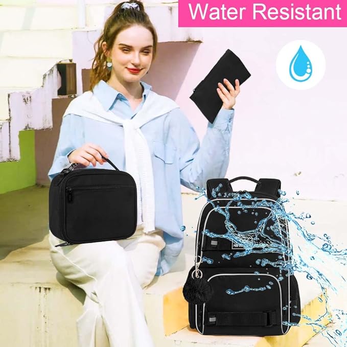 3PCS School Backpack for Girls and Boys, 17" Water Resistant Laptop Backpacks with Lunch Box, Cute Black Bookbag Set for Women Men College Teenagers High Middle Elementary School