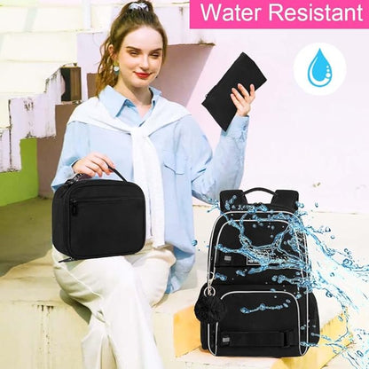 3PCS School Backpack for Girls and Boys, 17" Water Resistant Laptop Backpacks with Lunch Box, Cute Black Bookbag Set for Women Men College Teenagers High Middle Elementary School