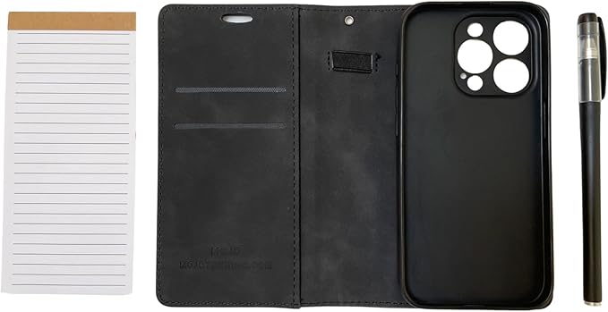 MOJO Notepad Phone Case for iPhone 14 Pro - Folding Wallet Phone Case with Mini Pen and Note Pad (Black)