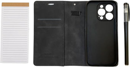 MOJO Notepad Phone Case for iPhone 14 Pro - Folding Wallet Phone Case with Mini Pen and Note Pad (Black)