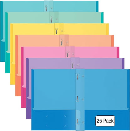 2 Pocket Folders, Assorted 7 Vibrant Colors with Complementing Interior Colors, Fits Letter Size Paper, for School, Office, Home (with Prongs, 25)