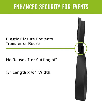 Wristco 100 Black Cloth Event Wristbands – Plastic Closure to Prevent Transfer or Reuse – Premium-Grade Fabric Bracelets for Party Entry, Summer Camp, VIP Identification, Drink Ticket ID