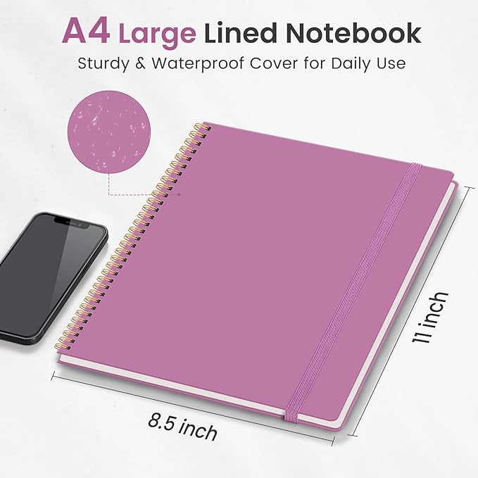 Taja Spiral Lined Notebook, 8.5"x11" Notebooks for Work, Large A4 Journal for Women & Men, College Ruled Journaling Notebook for Writing, Plastic Cover Spiral Journal, Purple