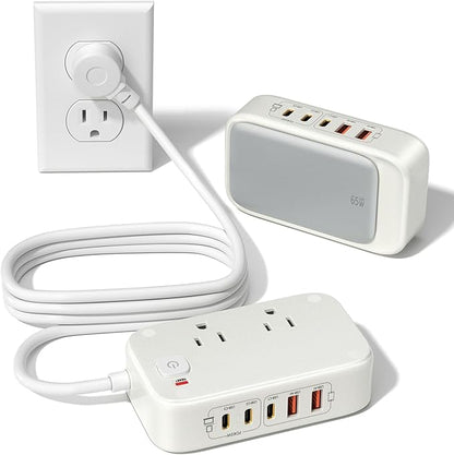 7-in-1 Power Strip, PD GaN 65W USB C Power Strip with 3 USB-C, 2 USB-A Ports and 2500W AC Outlet, Flat Plug Sleek Socket Essentials for Home/Office/College/Travel