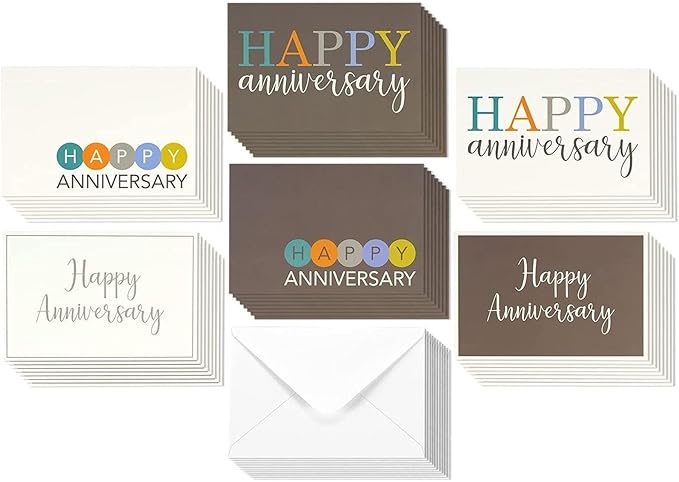 Juvale 36 Pack Happy Anniversary Cards with Envelopes for Work, Wedding, Employees, 6 Designs (Blank Inside, 4x6 In)