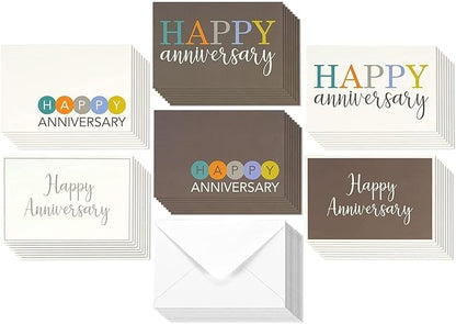Juvale 36 Pack Happy Anniversary Cards with Envelopes for Work, Wedding, Employees, 6 Designs (Blank Inside, 4x6 In)