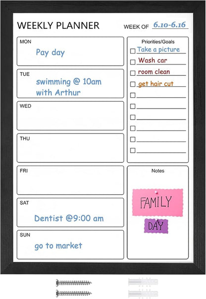Dry Erase White Board Weekly Calendar Board, Magnetic Whiteboard for Wall,18“x24 Solid Wood Black Framed Message Board, Planner Board for Office, Home, School（Weekly-BB-BK-4560