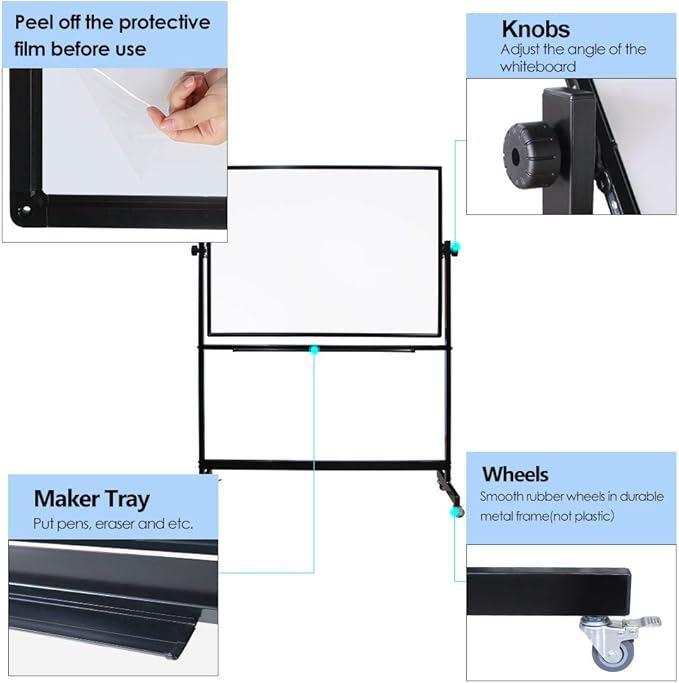 XIWODE 36x60 Large Magnetic Dry Erase Whiteboard with Stand - Double-Sided Freestanding Rolling Board, Flippable Design for Writing & Display, Black Frame for Office, Classroom, Home, Presentations
