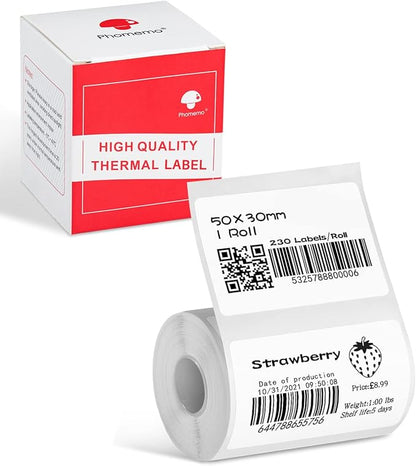 Phomemo Thermal Sticker Label Paper for M120/M110/M220/M221/M150 Label Maker Machine, Multi-Purpose Self-Adhesive Tag 1.96'' x 1.18"(50X 30mm), 230 Labels/Roll,Black on White