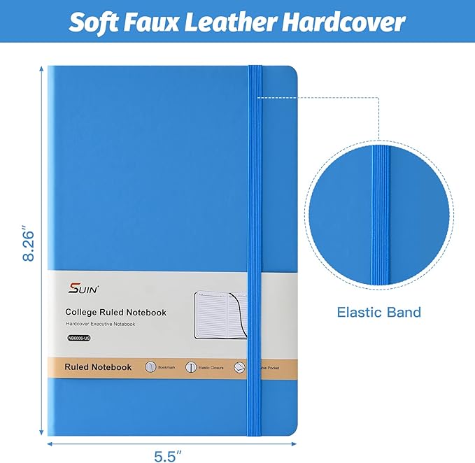 SUIN Hardcover-Journal-Notebooks, A5 Lined Journals Notebook for Writing 200 Pages, 8.2 x 5.5 inch, Classic Ruled Notebooks for Work/Travel/College (Light Blue- 1 Pack)