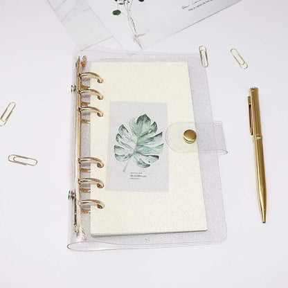 Glitter Powder PVC Binder Cover 6 Round Ring Binders Snap Button Closure Loose Leaf Folders Refillable Soft PVC Notebook Shell Protector (Gold 6 Rings, A6 Binder)