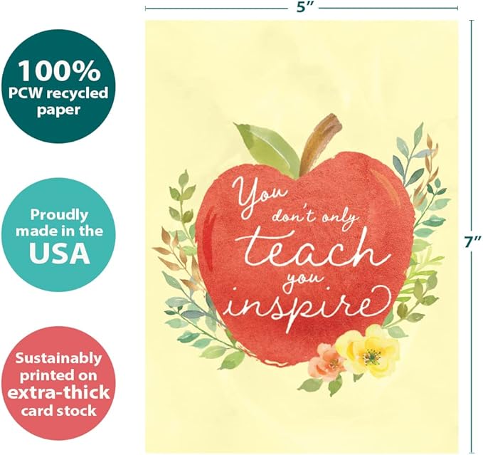 Tree-Free Greetings Teacher Appreciation Cards - Artful Designs - 2 Cards + Matching Envelopes - Made in USA - 100% Recycled Paper - 5"x7" - Heartfelt, For Teacher, You Inspire (GT64447)