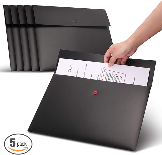 VANRA 5 Pieces A4 Envelopes Folders for Paperwork Plastic Wallets Document Organizer with Snap Button Closure A4 Letter Size (Black)