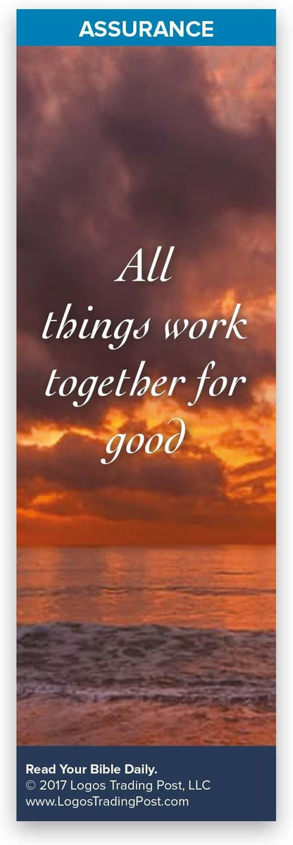Christian Bookmark with Bible Verse, Pack of 25, Assurance Themed, All Things Work Together for Good, Romans 8:28
