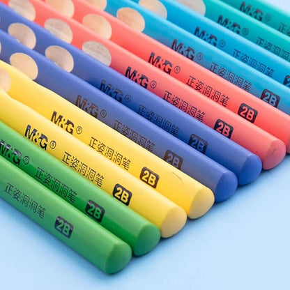 M&G 12 Pcs Triangular Hole Pencils for Kids with Grip Correction 2B Pencils, Pre-sharpened Colored Barrel Graphite Wood Pencils, Smooth Writing, Suitable for School, Office, Drawing, Sketching
