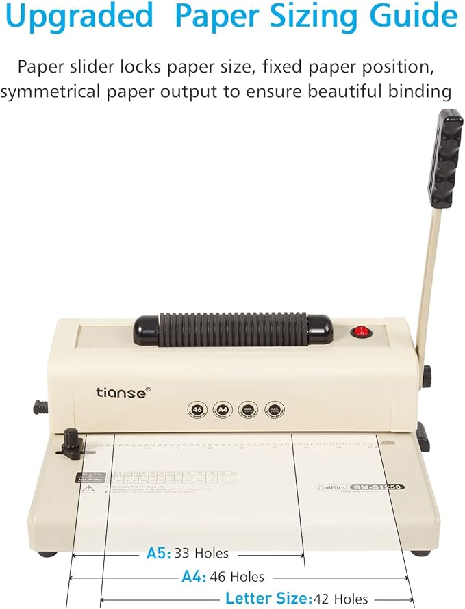 TIANSE Binding Machine, Spiral Coil Binder Machine, Electric Coil Inserter, 15 Sheets Punch Capacity, Suit for Letter Size / A4 / A5 Book Maker, with 100pcs 5/16'' Plastic Coil Binding Spines & Plier