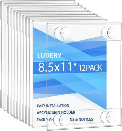 Acrylic Window Sign Holder 8.5 X 11 with 4 Suction Cups,Clear Acrylic Frames Glass Window Wall Mount,Advertising Signage Sign Holder for Mall, Office, Home, Store, Restaurant (12 Pack)