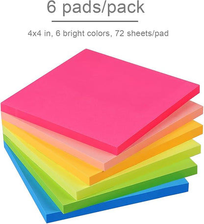 Vanpad Sticky Notes 4x4 in Bright Stickies Colorful Super Sticking Power Memo Pads Strong Adhesive 6 Pads/Pack 72 Sheets/pad