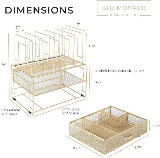 BLU MONACO Gold Desk Accessories and Workspace, Desktop Organizer - Cute File Organizer for Desk and Drawer Storage for Office Supplies, Paper, Device and Folders - File Holder