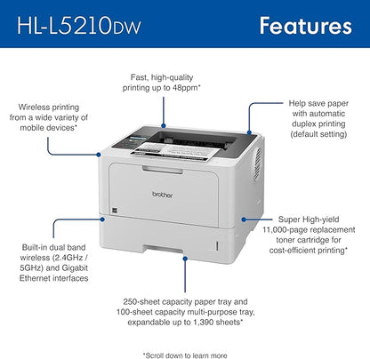 Brother HL-L5210DW Business Monochrome Laser Printer with Duplex Printing, Versatile PaperHandling, Wireless and Gigabit Ethernet Networking, and Mobile Printing, Works with Alexa