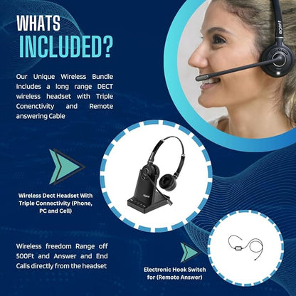 TruVoice Agent AW80 DECT 3-in1 Wireless NC Headset with EHS for Remote Answer - Compatible with Cisco IP Phones : 8851 8861 8865 8961 9951 9971 DX650 DX70 and Computer + Cell Phones