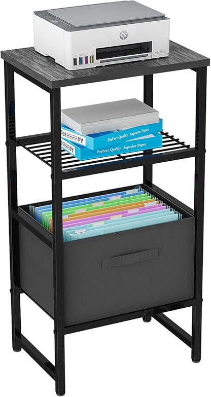Printer Stand with Drawer Storage, 3 Tier - Heavy Duty Metal Shelving Unit with Wood Desktop, Industrial Printer Side Table with Wheels for Scanner Fax Machine, Black