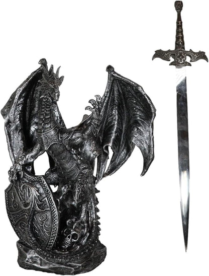 Ebros Gift Legendary Silver Coat of Arms Knight Dragon Holding Heraldry Plague Shield and Druid Sword Letter Opener Figurine Home and Office Decorative Sculpture Medieval Dungeons and Dragons Fantasy