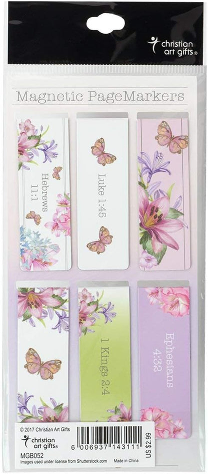 Christian Art Gifts Magnetic Scripture Bookmark Set for Women: Blessing From Above -Inspirational Floral & Butterfly Themed Magnetic Bible Verse Pagemarker Set of 6 for Bibles & Books Size 2.3" x 0.8"