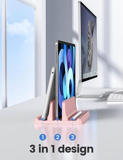 Vaydeer Vertical Laptop Stand Holder Plastic Adjustable Desktop Notebook Dock Space-Saving 3 in 1 for All MacBook Pro Air, Mac, HP, Dell, Microsoft Surface, Lenovo, up to 17.3 inches (Pink)