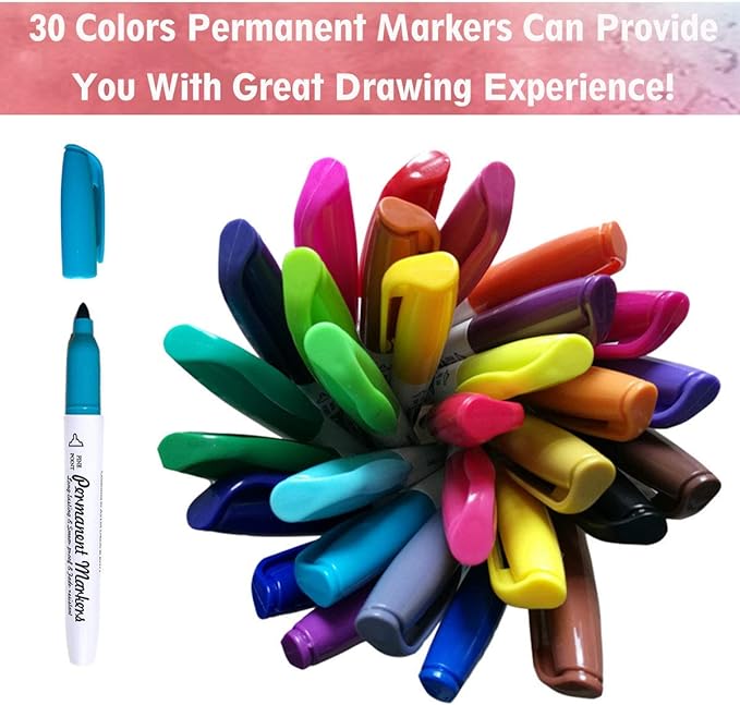 Permanent Marker, 30 Colors Fine Point Permanent Markers, Works Well On Paper, Canvas, Fabric, Crafts,Glass,Metal,Wood Good for Painting, Coloring and Doodling by Smart Color Art