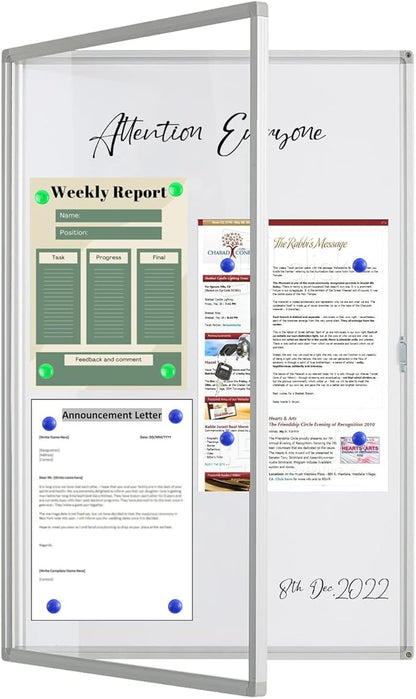 Lockable Whiteboard 24x36 - Aluminum Enclosed Magnetic Whiteboard with Tamperproof Lock - Wall Mounted Cabinet for School Office, Dry Erase Noticeboard