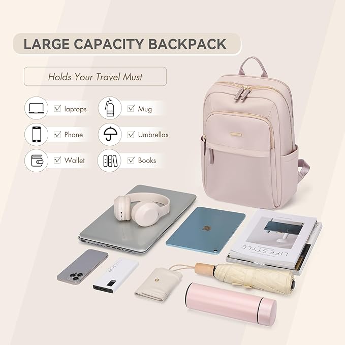 Laptop Backpack for Women Travel Work Commute Casual Daypack Backpack Purse Computer Bags Fit 16 Inch Notebook (Grayish Pink)