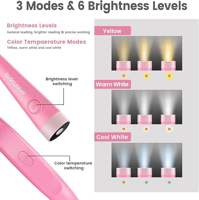Glocusent Book Light, 3-Color & 6-Brightness Reading Light, Bendable Neck Light, 80-hr Lasting Rechargeable Lamp, Perfect Book Light for Reading in Bed, Knitting, Camping, Repairing, Book Lovers Gifts