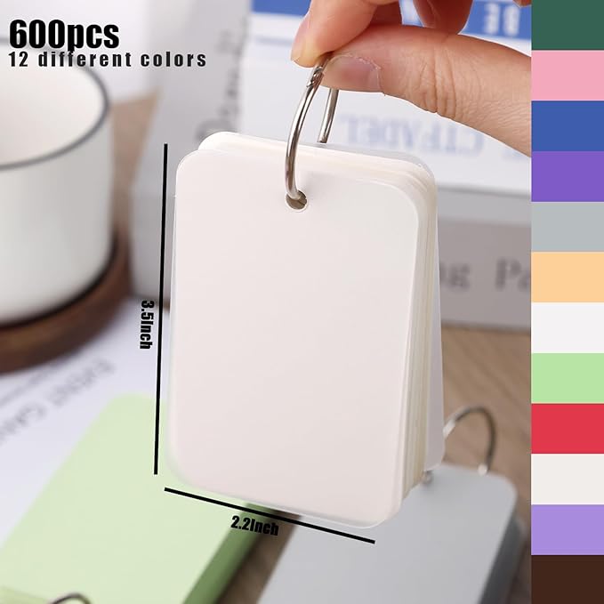 Koogel 600PCS Index Cards with Rings and Covers, 3.5 x 2.2 Inch Blank Index Cards 12 Colors Easy Flip Flash Card Study Note Card for School Learning Memory Recipe Cards
