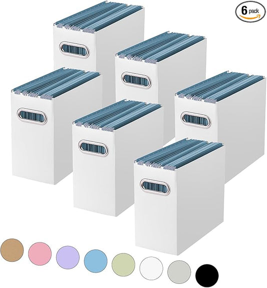 Oterri File Organizer, Small Storage Box, Cardboard File Folder Organizer, Collapsible File Box, Hanging File Organizer for Letter Size, Portable File Box with Handle, Only Box（White，6 Packs）