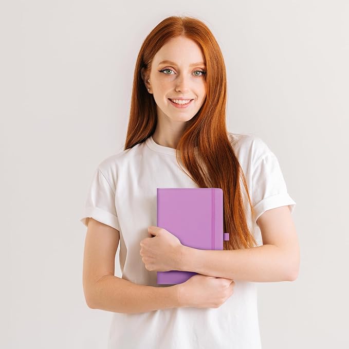 Dotted Journal/Notebook - Dot Grid Hard Cover Notebook, Premium Thick Paper with Fine Inner Pocket, Black Smooth Faux Leather, Pen Loop, 5.3'' x 8.26'' - Macaron Purple