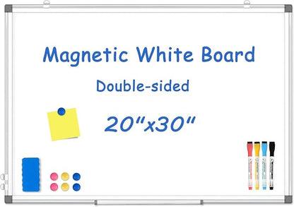 WALGLASS Double-Sided White Board 20" x 30", Dry Erase Board, Magnetic Whiteboard Silver Aluminium Frame, Wall-Mounted or Hanging Board for Home, School, Office, Kitchen