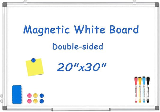 WALGLASS Double-Sided White Board 20" x 30", Dry Erase Board, Magnetic Whiteboard Silver Aluminium Frame, Wall-Mounted or Hanging Board for Home, School, Office, Kitchen