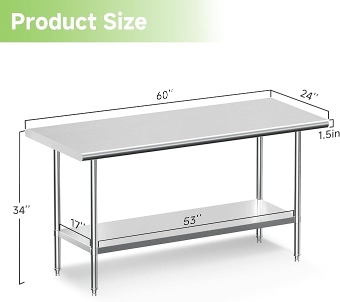 Real Relax Stainless Steel Table, NSF Commercial Heavy Duty Stainless Steel Table for Prep with Adjustable Undershelf, for Commercial Kitchen, Laundry Room and Garage - 24" D x 60" W x 34" H