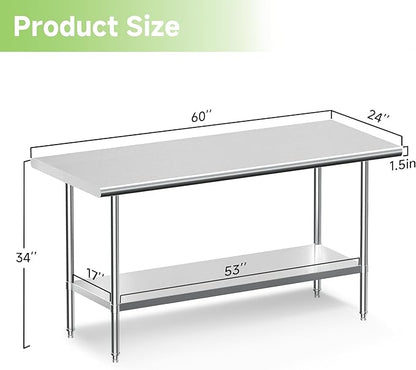 Real Relax Stainless Steel Table, NSF Commercial Heavy Duty Stainless Steel Table for Prep with Adjustable Undershelf, for Commercial Kitchen, Laundry Room and Garage - 24" D x 60" W x 34" H