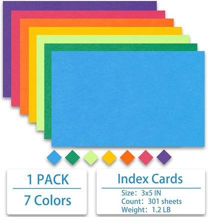 Index Cards 301-Count 3x5 Inch,178GSM Heavyweight Set of 7 Colors Paper Multicolor Study Cards (Rainbow)