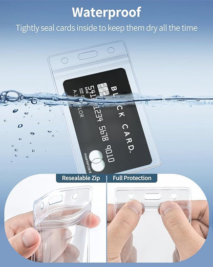 Pawfly 12 Pack Vertical ID Card Badge Holder Waterproof Clear Card Sleeve Case Cover Heavy Duty Card Protector Pouch with Resealable Zip for Proximity Key Card Driver’s License and Credit Card