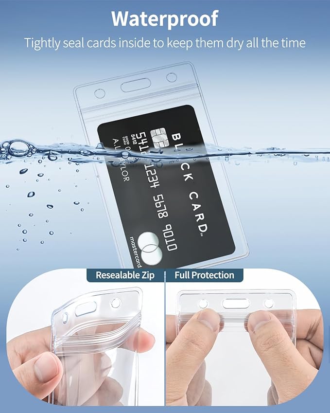 Uniclife 6 Pack Vertical ID Card Badge Holder Waterproof Clear Card Sleeve Case Cover Heavy Duty Card Protector Pouch with Resealable Zip for Proximity Key Card Driver’s License and Credit Card