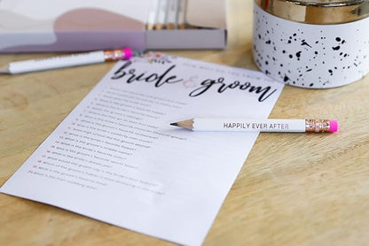 Markt Mini Pencils for Bridal Shower Games, Bridal Shower Pens, Happily Ever After Pencils, Small Pencil Set For Prizes, Game Winner Gifts (White With Pink Eraser)