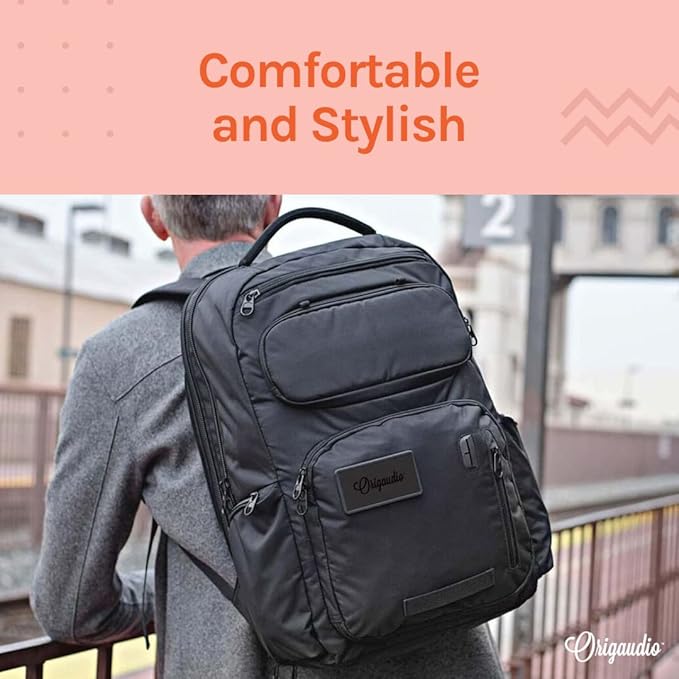Origaudio Embarcadero Pack Business Backpack – 17 Inch Padded Laptop Sleeve – Laptop Compartment Zips Totally Open for TSA – 25 L Capacity & USB Techports– X-Large Pockets for Water Bottles and Sungla