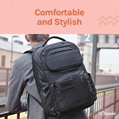 Origaudio Embarcadero Pack Business Backpack – 17 Inch Padded Laptop Sleeve – Laptop Compartment Zips Totally Open for TSA – 25 L Capacity & USB Techports– X-Large Pockets for Water Bottles and Sungla