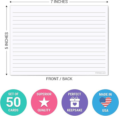 321Done Large Index Cards, Made in USA - Jumbo Size 5x7 Horizontal, College-Ruled Lined Notecards Double-Sided, Thick Heavy Duty Cardstock, Simple Note Cards with Lines, White XL - Set of 50
