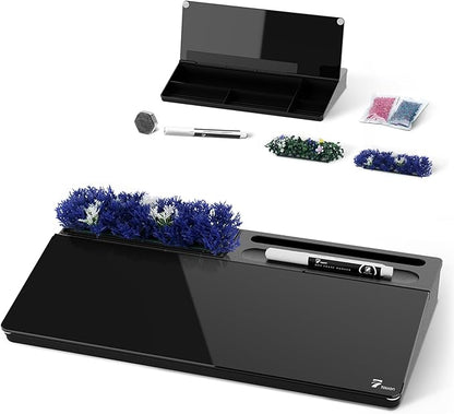 TOWON Black Whiteboard for Desk with Artificial Potted Plant & Nano Incense Stone Aromatic, Desktop Dry Erase Notepad with Storage, Desk Accessories Tray with Organizer for Home Office